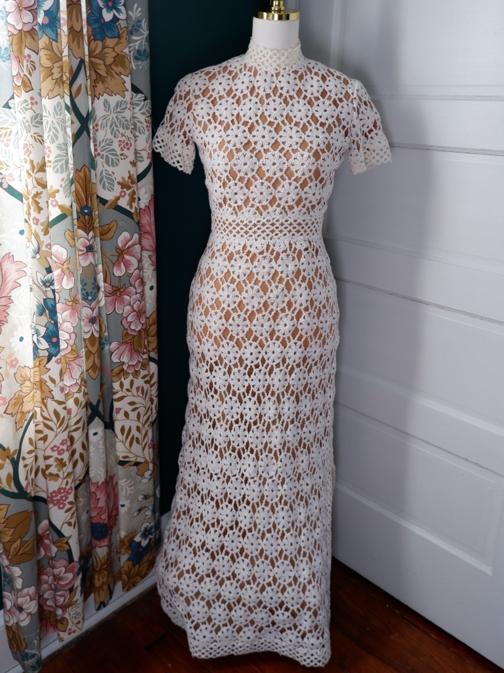 1960s Cotton Crochet Mock Neck Gown - Picture 2 of 11